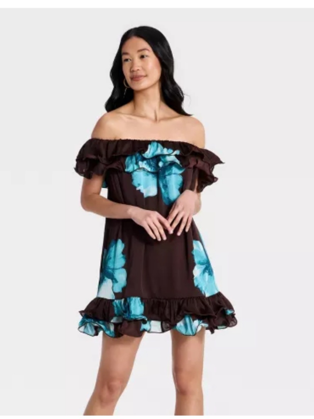 a new day Women's Ruffle Mini Dress brown Blue Floral Size XL NWT